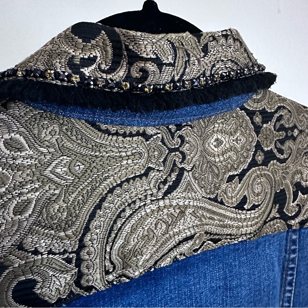 Blue Jean Brocade Jacket Rhinestone Bling Fall Jacket Versace Boho Medium - Picture 11 of 16